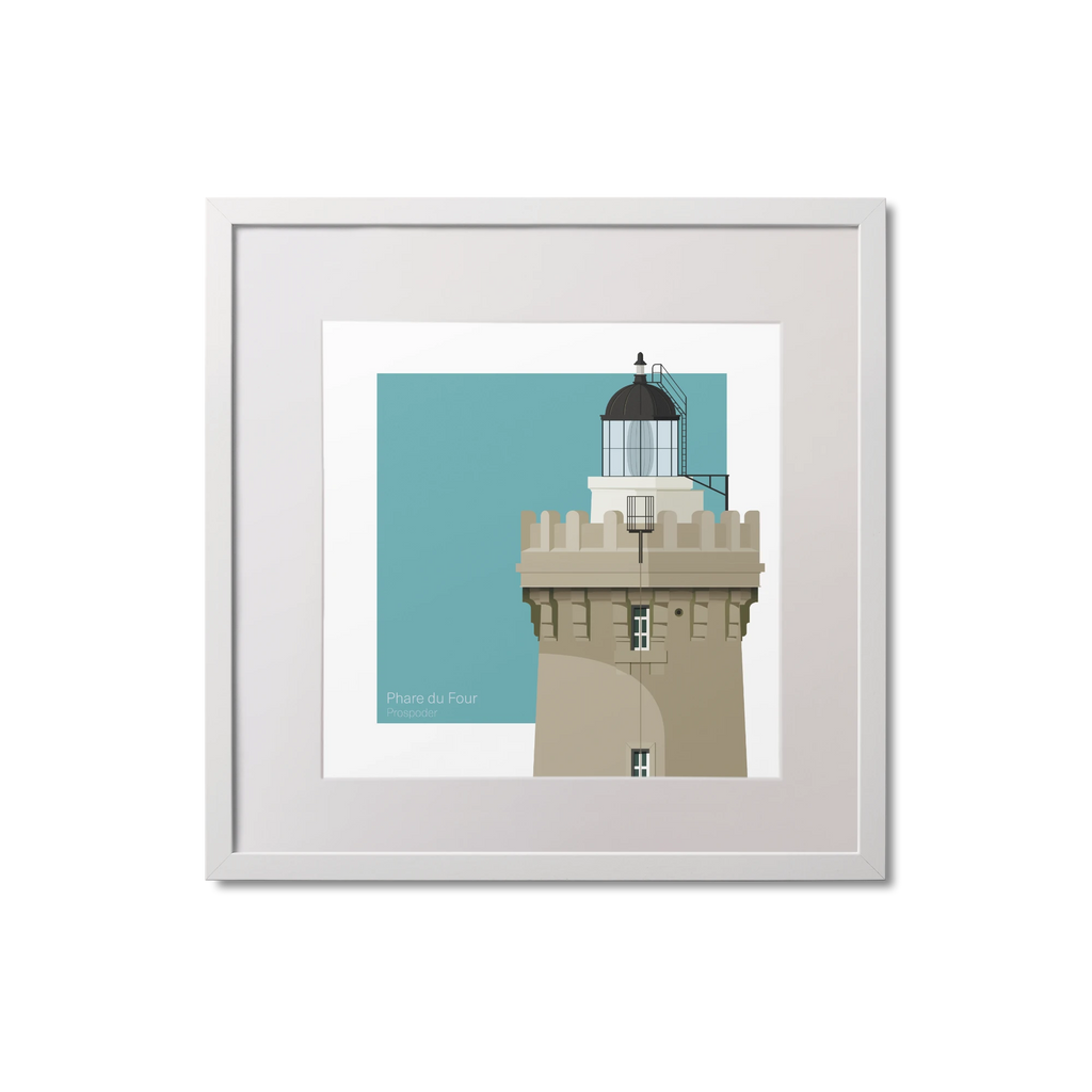Framed print of French lighthouse du Four on a light blue background.
