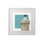 Framed print of French lighthouse du Four on a light blue background.
