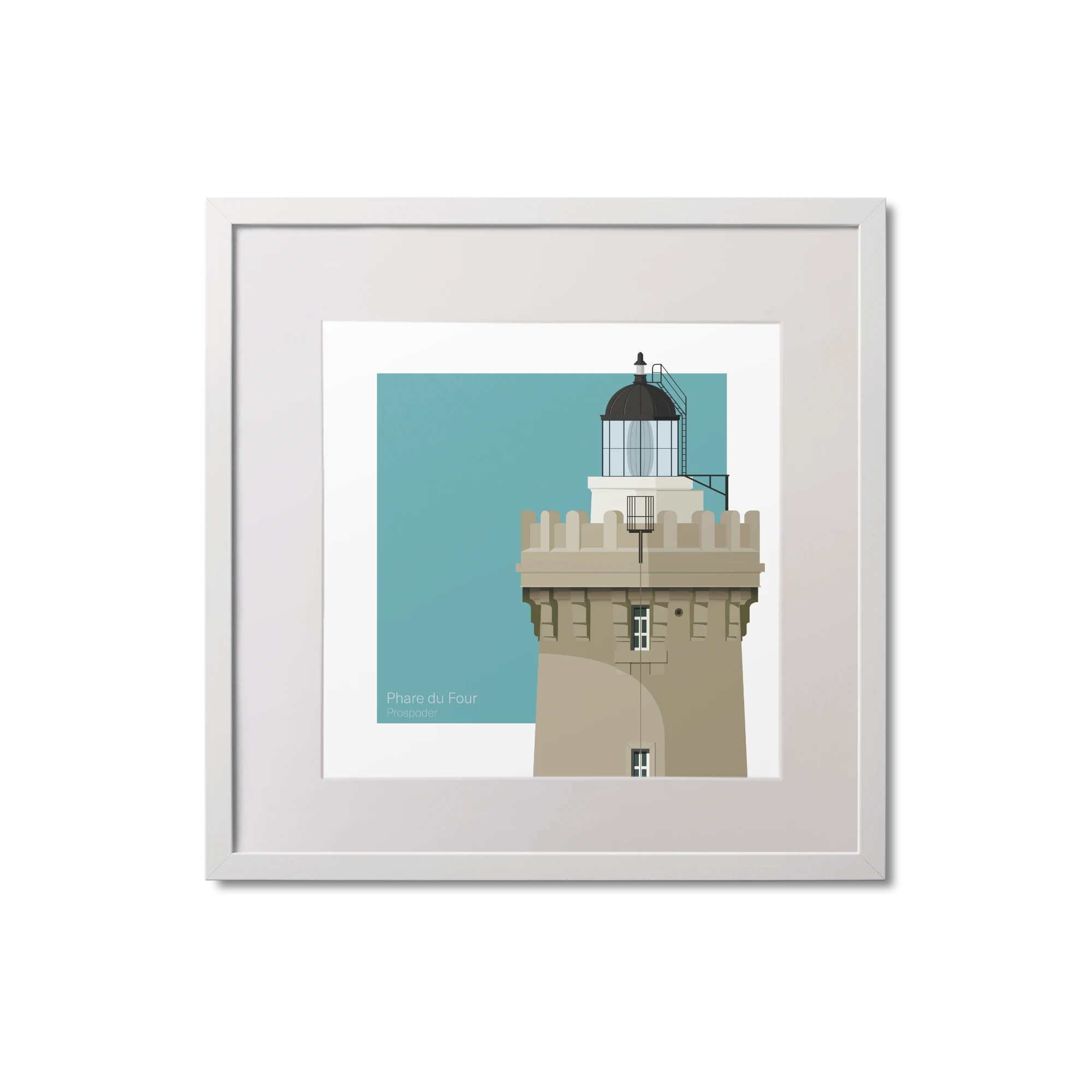 Framed print of French lighthouse du Four on a light blue background.
