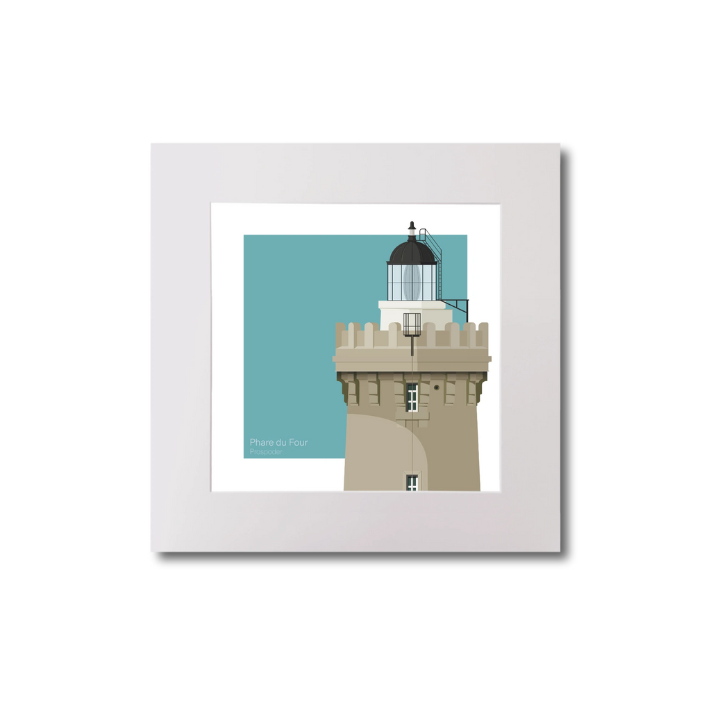 French lighthouse du Four on a light blue background, mounted.