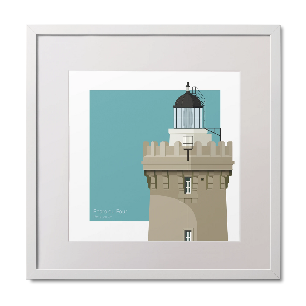 Framed print of French lighthouse du Four on a light blue background.