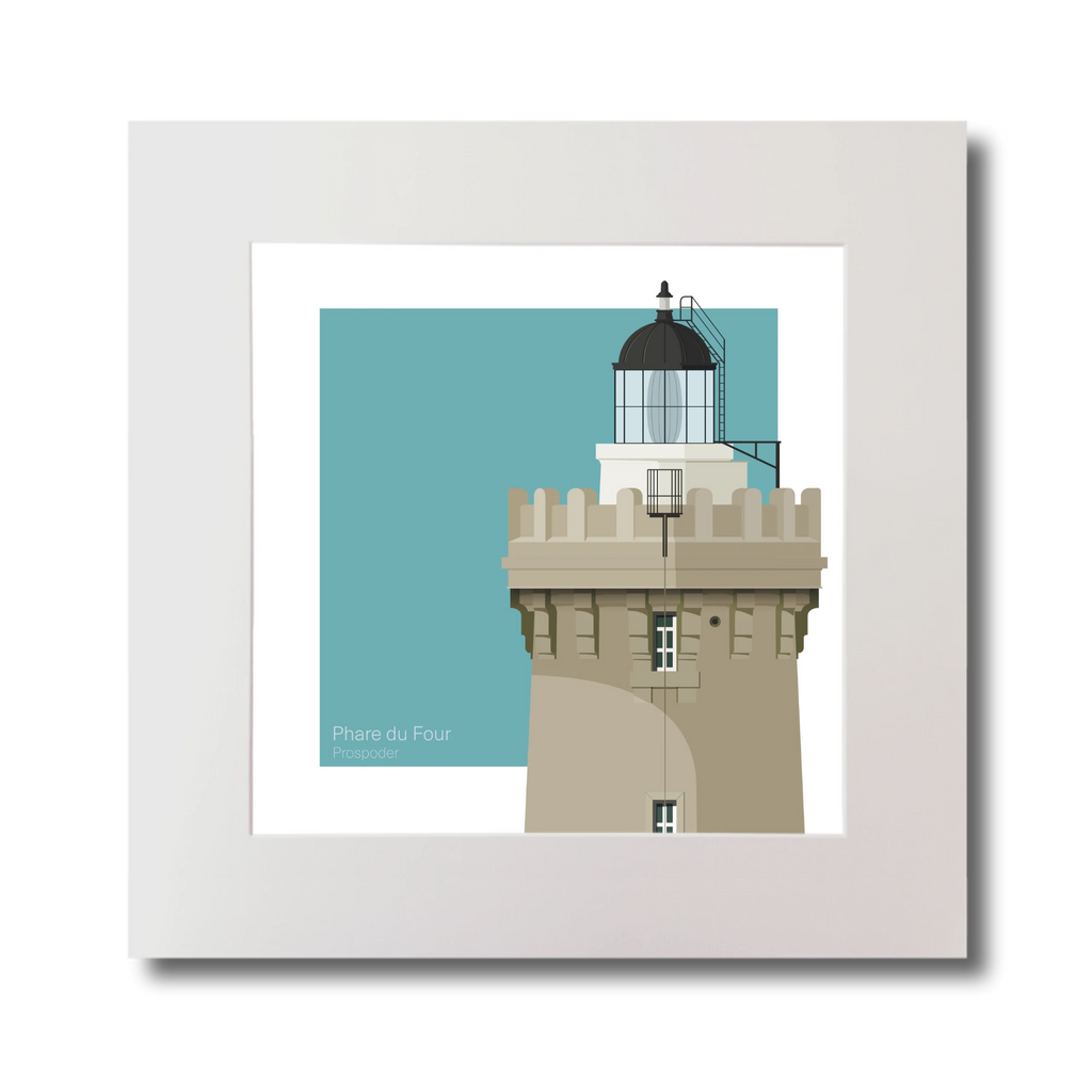French lighthouse du Four on a light blue background, mounted.
