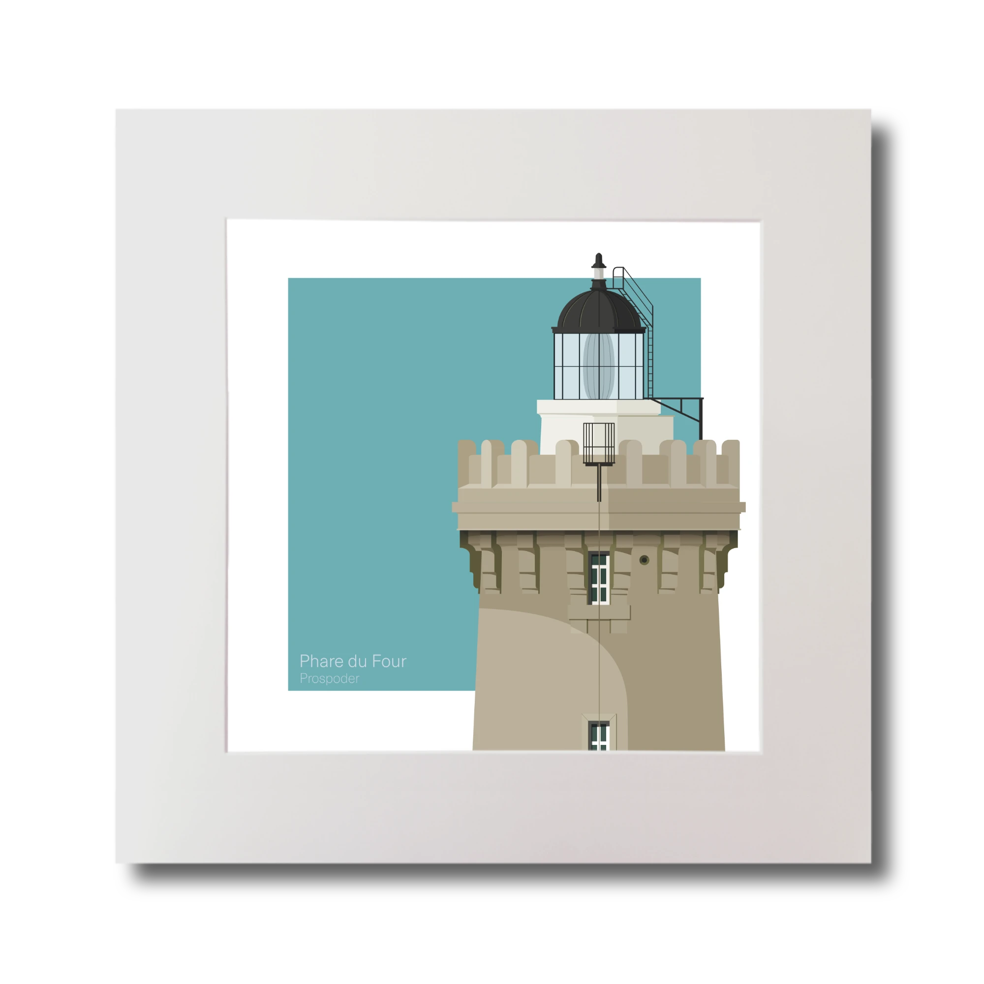 French lighthouse du Four on a light blue background, mounted.