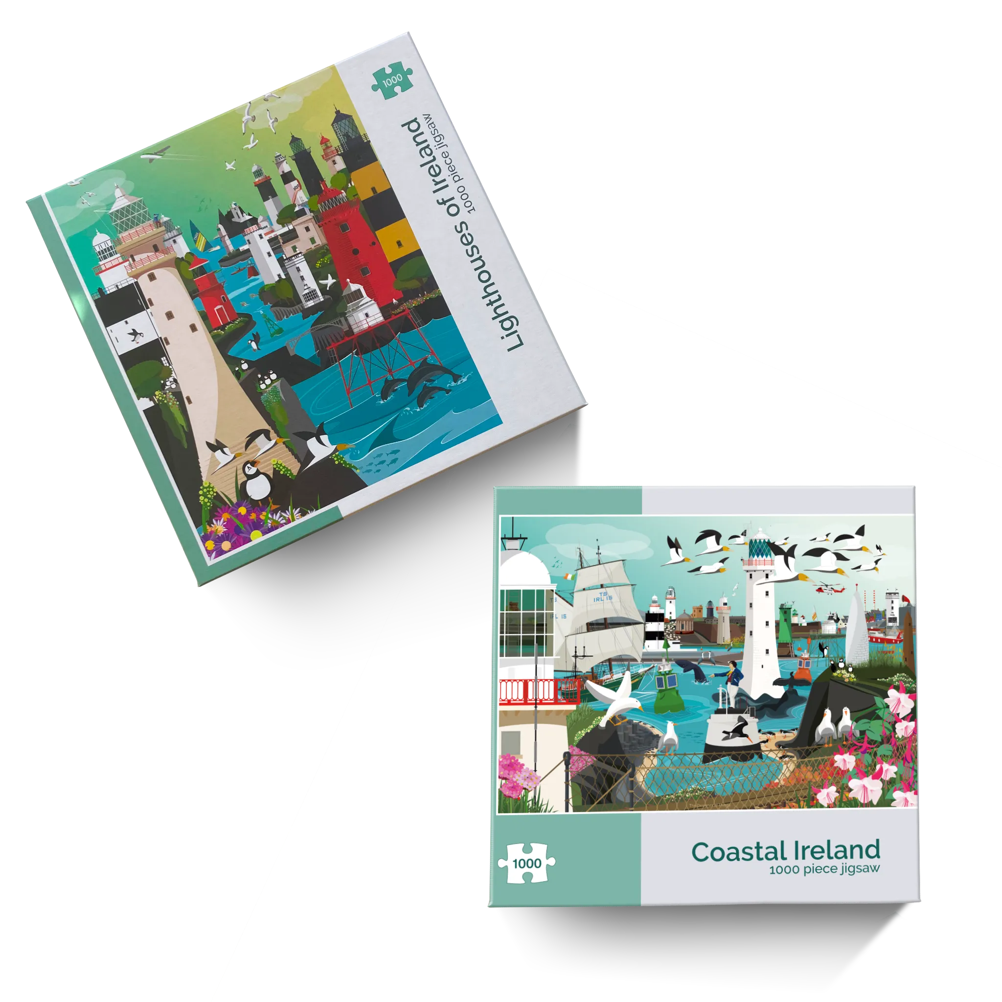 Two puzzle boxes featuring Coastal & Lighthouses of Ireland designs