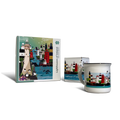 A jigsaw puzzle box with a vibrant image of Irish lighthouses on the cover, accompanied by a ceramic mug with lighthouse designs.