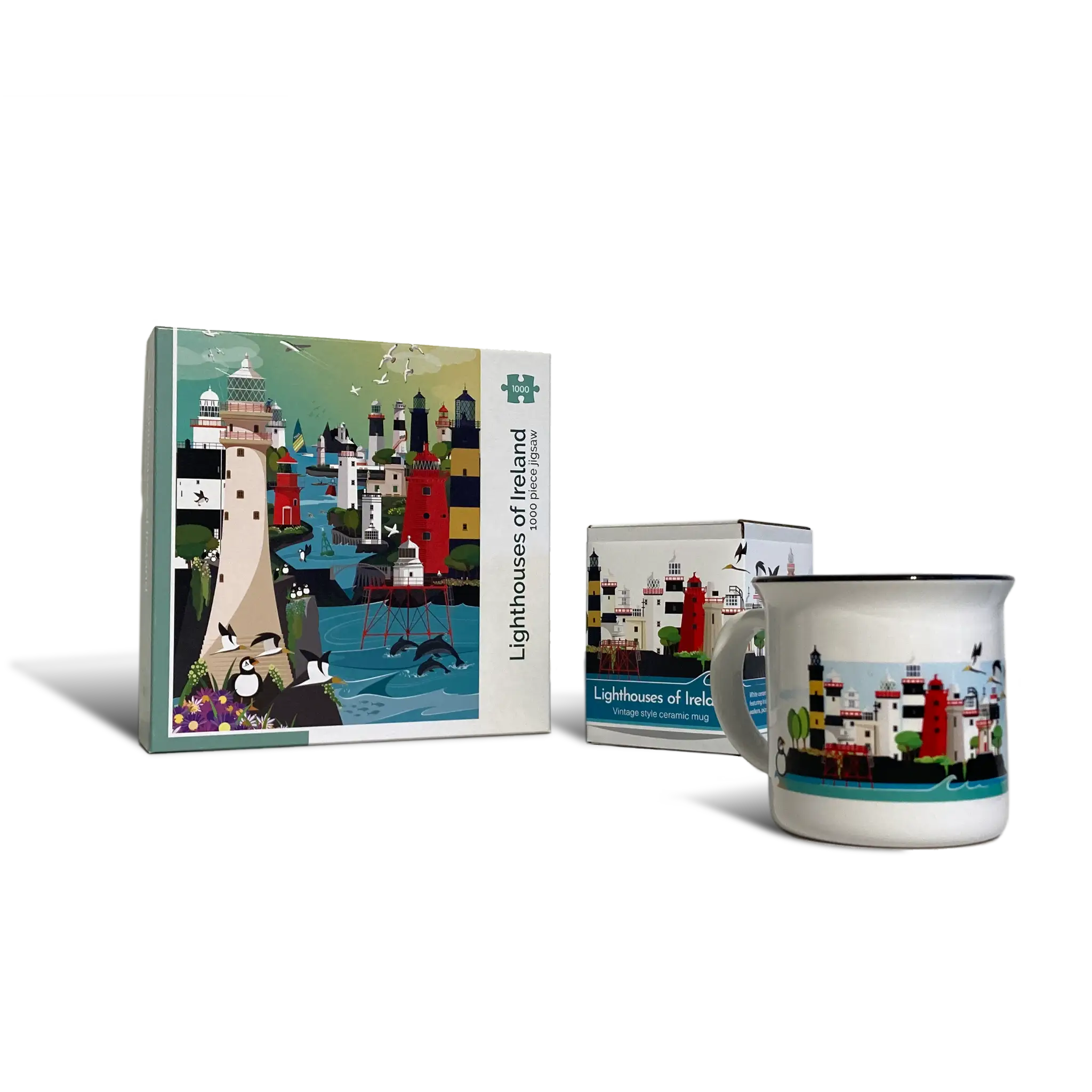 A jigsaw puzzle box with a vibrant image of Irish lighthouses on the cover, accompanied by a ceramic mug with lighthouse designs.
