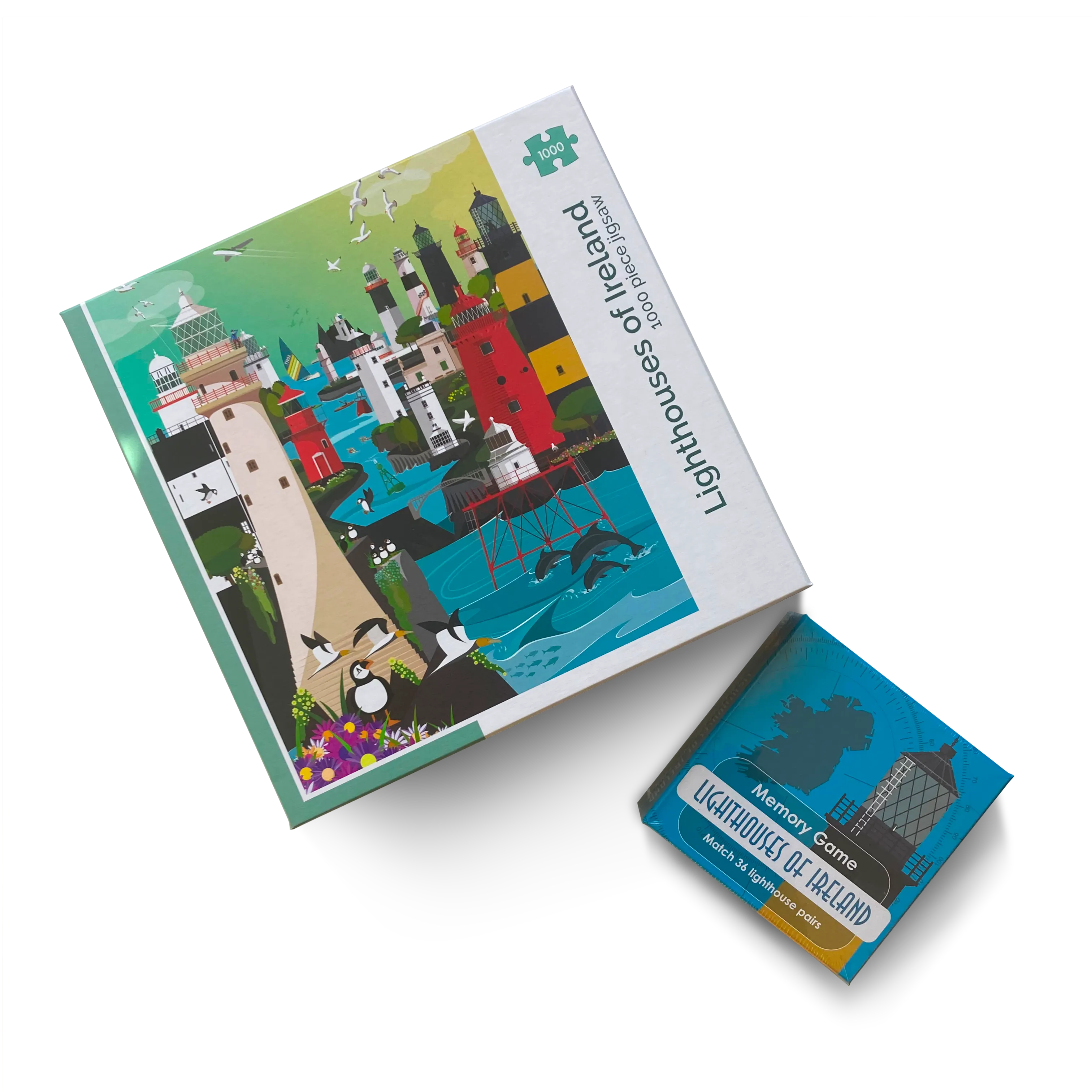 A jigsaw puzzle box with a colorful depiction of Irish lighthouses on the cover, alongside a blue box of a memory game with a lighthouse on the front.