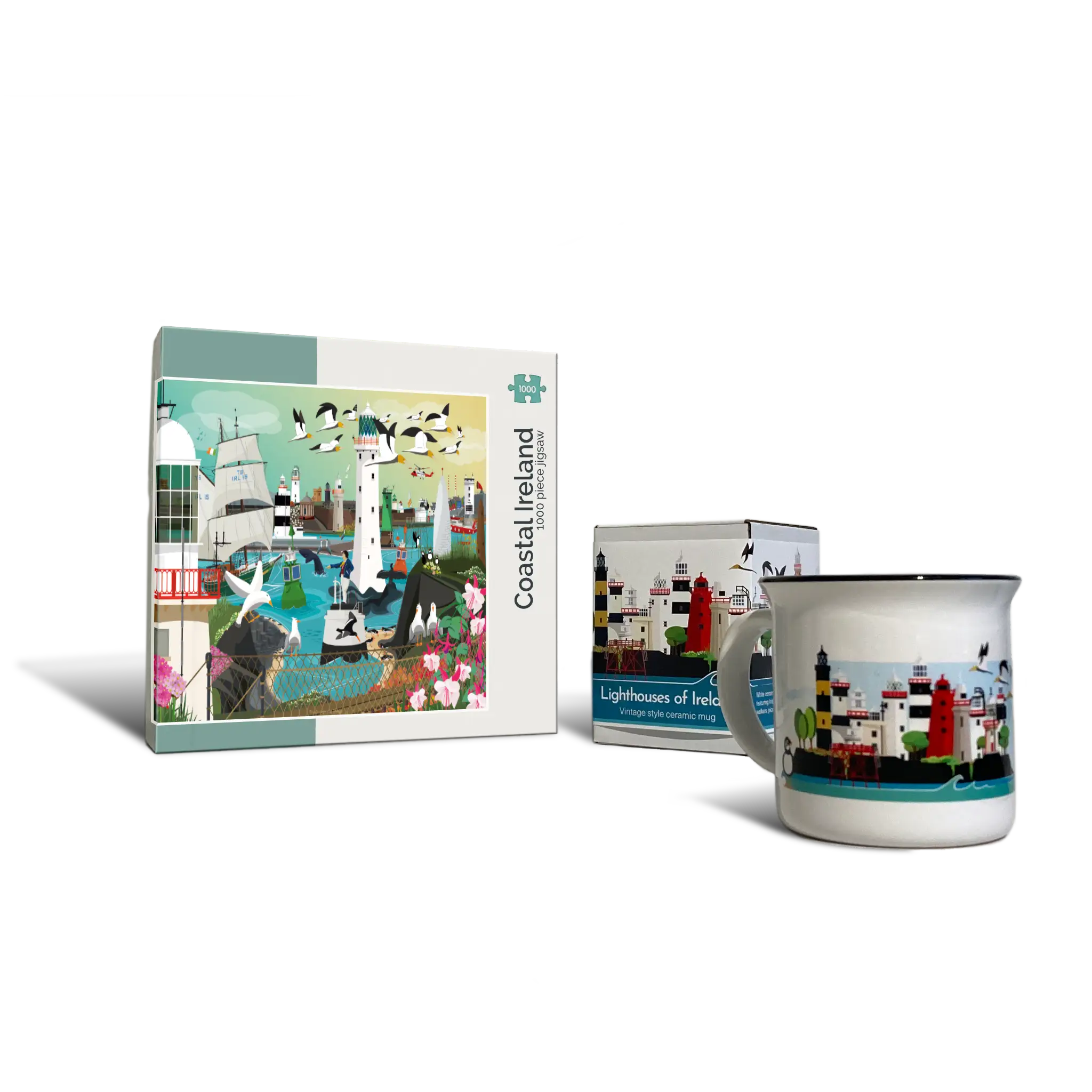 Lighthouses of Ireland jigsaw puzzle next to a ceramic mug with lighthouses on it