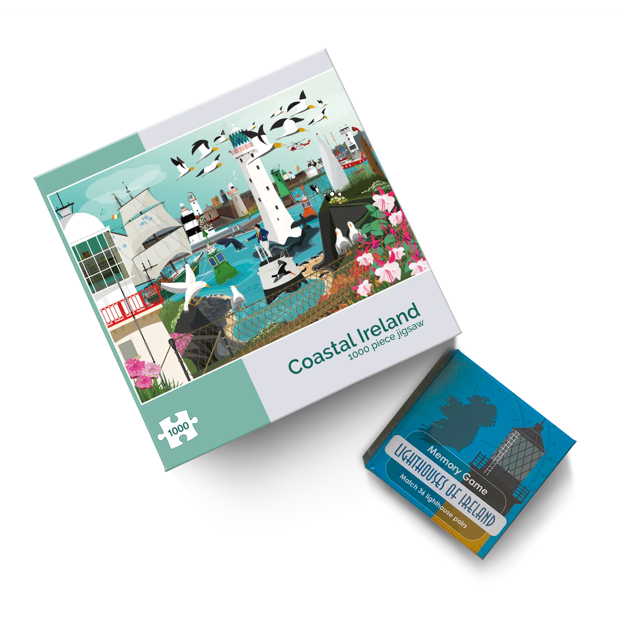A jigsaw puzzle box with a colorful depiction of Irish Coastal features on the cover, alongside a blue box of a memory game with a lighthouse on the front.