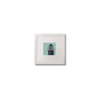 Illustration of Ballycotton lighthouse on an ocean green background,  in a white square frame measuring 10x10cm.
