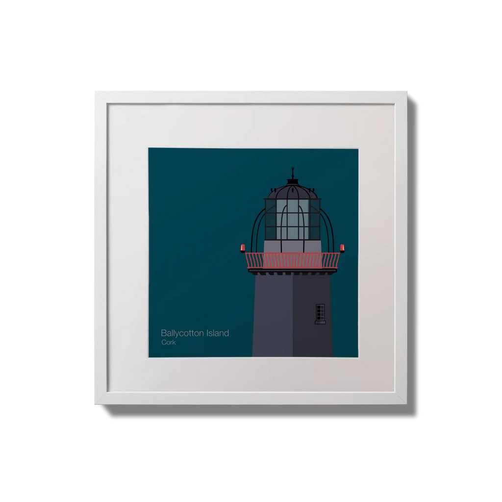 Illustration of Ballycotton lighthouse on a midnight blue background,  in a white square frame measuring 20x20cm.
