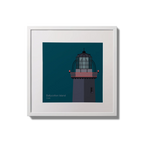 Illustration of Ballycotton lighthouse on a midnight blue background,  in a white square frame measuring 20x20cm.