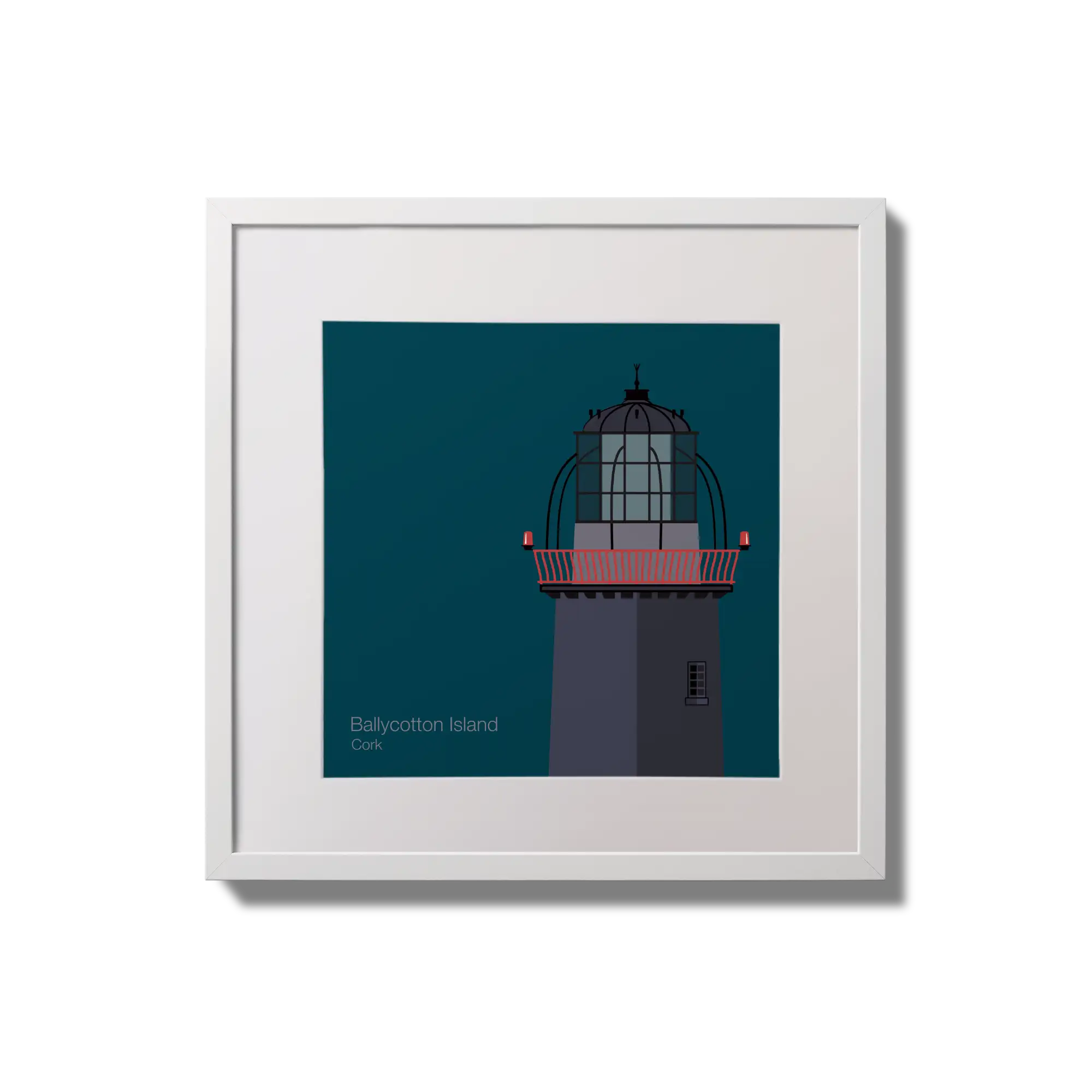 Illustration of Ballycotton lighthouse on a midnight blue background,  in a white square frame measuring 20x20cm.