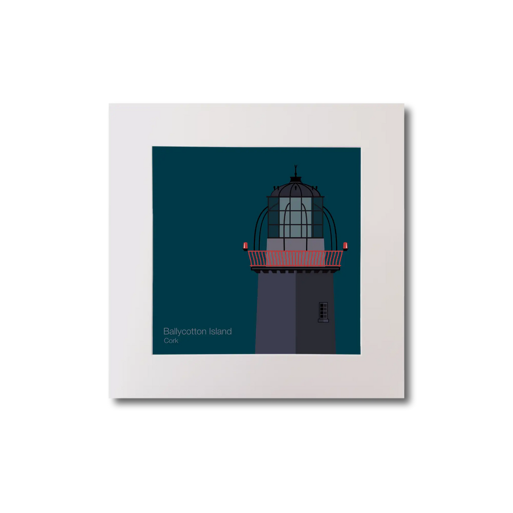 Illustration of Ballycotton lighthouse on a midnight blue background, mounted and measuring 20x20cm.