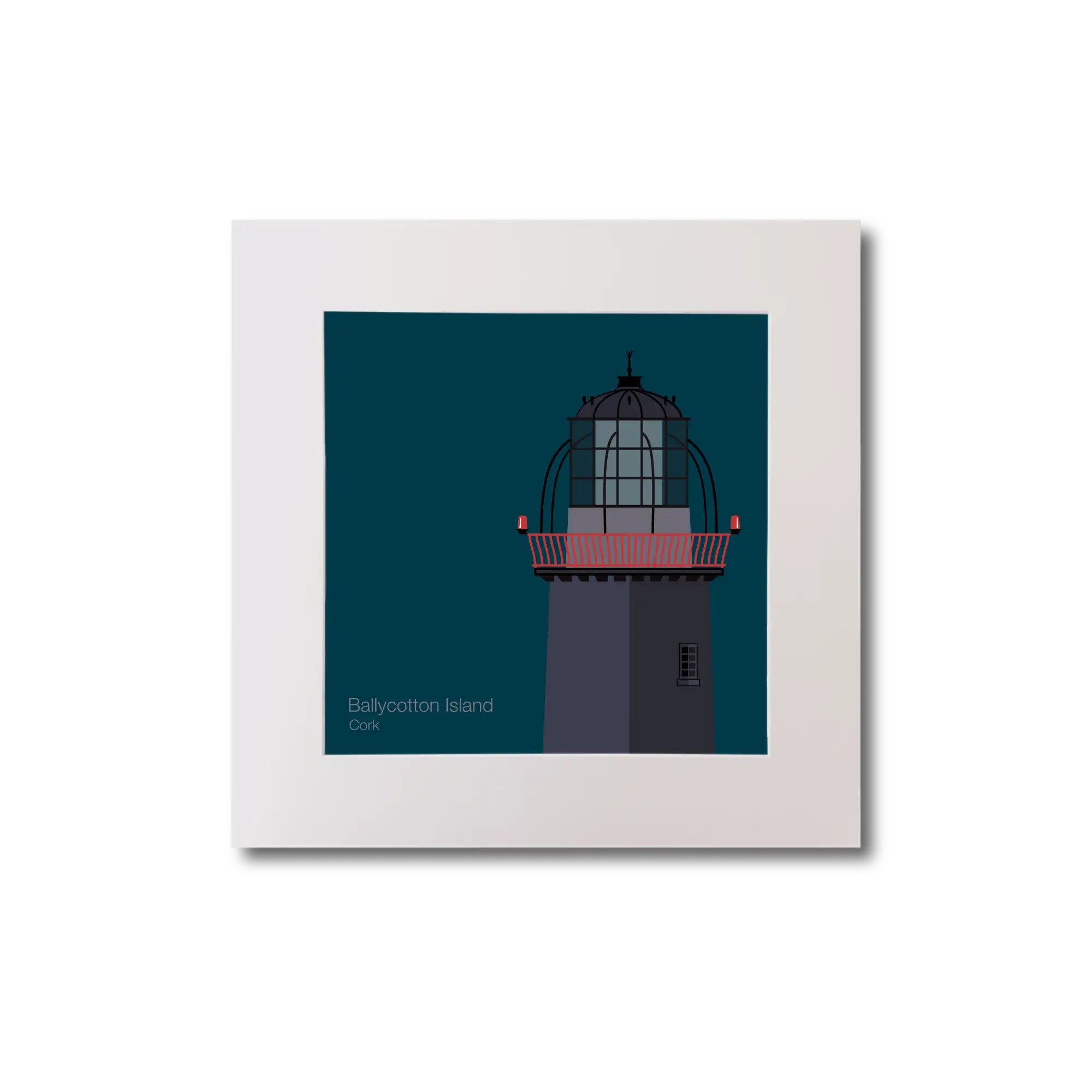 Illustration of Ballycotton lighthouse on a midnight blue background, mounted and measuring 20x20cm.
