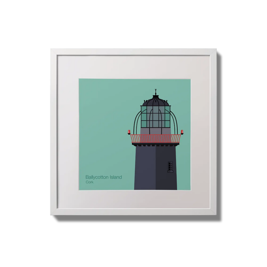 Illustration of Ballycotton lighthouse on an ocean green background,  in a white square frame measuring 20x20cm.