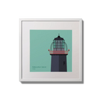 Illustration of Ballycotton lighthouse on an ocean green background,  in a white square frame measuring 20x20cm.