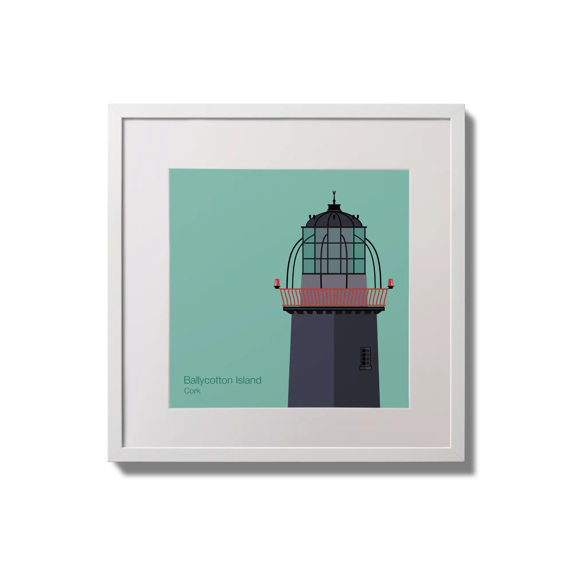 Illustration of Ballycotton lighthouse on an ocean green background,  in a white square frame measuring 20x20cm.