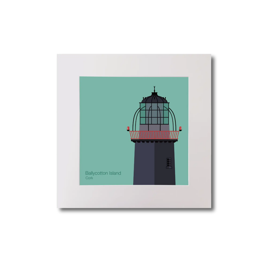 Illustration of Ballycotton lighthouse on an ocean green background, mounted and measuring 20x20cm.