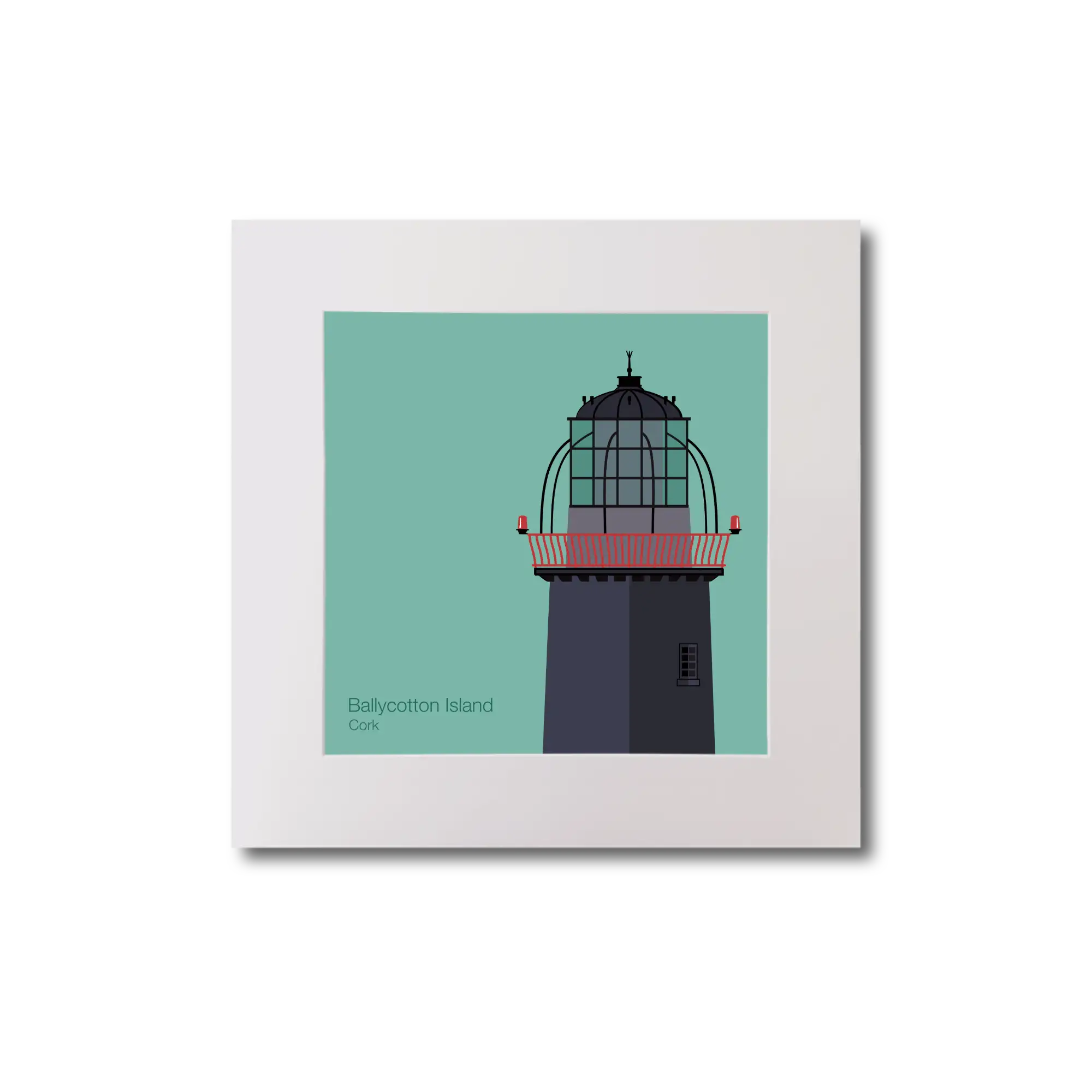 Illustration of Ballycotton lighthouse on an ocean green background, mounted and measuring 20x20cm.
