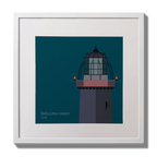 Illustration of Ballycotton lighthouse on a midnight blue background,  in a white square frame measuring 30x30cm.