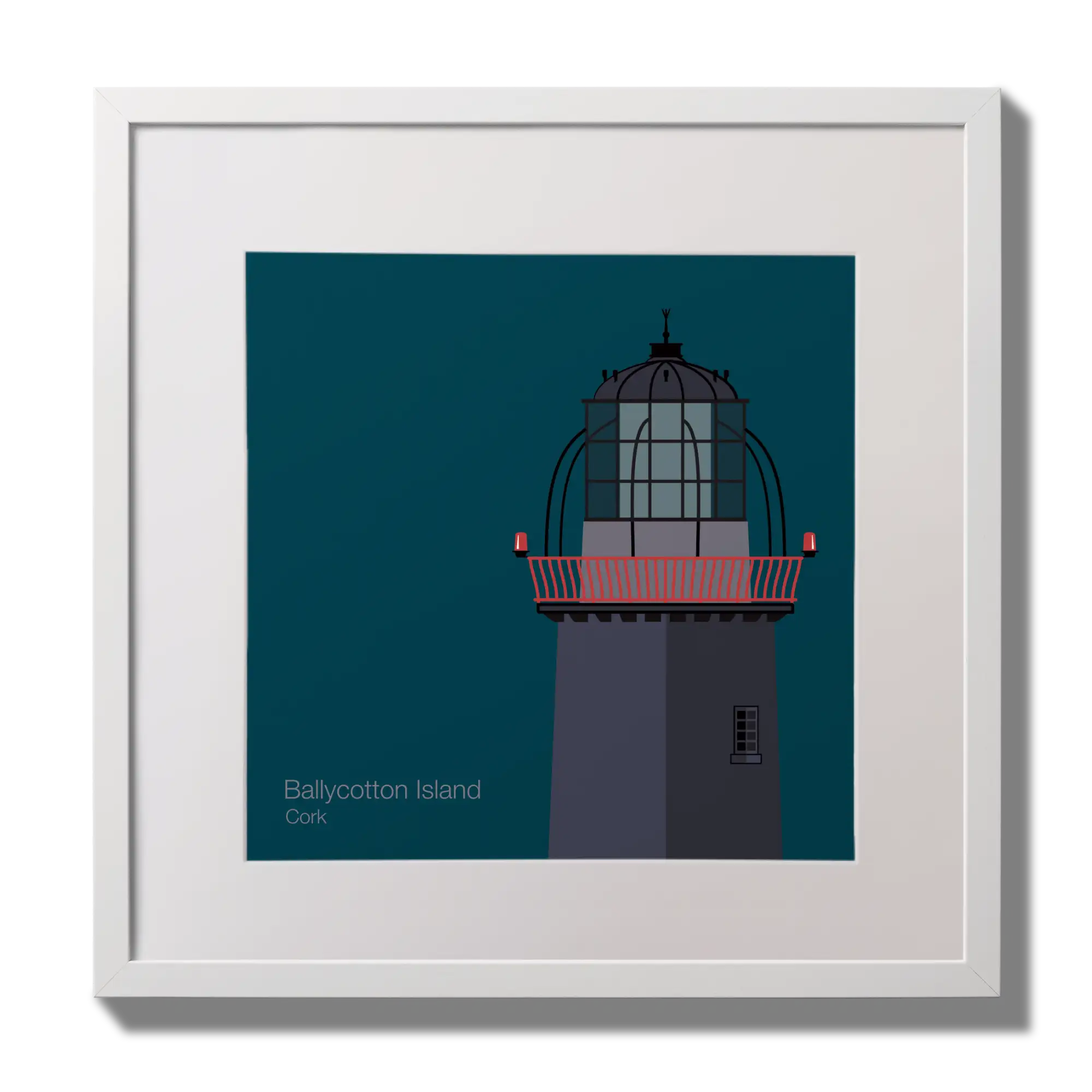 Illustration of Ballycotton lighthouse on a midnight blue background,  in a white square frame measuring 30x30cm.