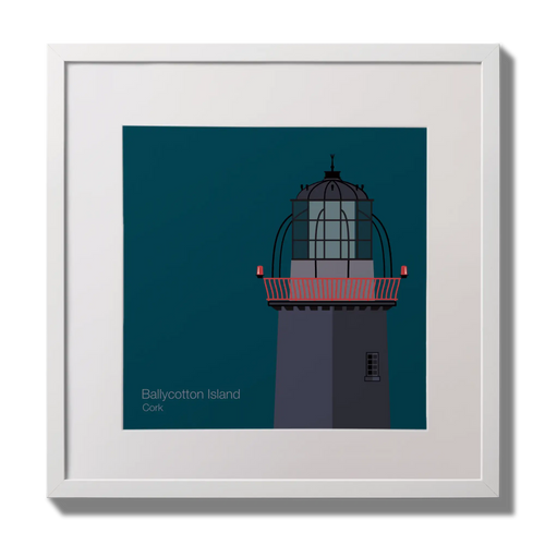 Illustration of Ballycotton lighthouse on a midnight blue background,  in a white square frame measuring 30x30cm.