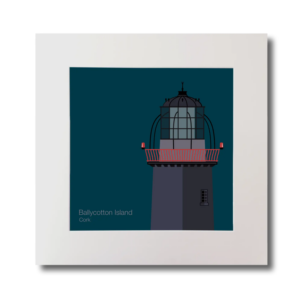 Illustration of Ballycotton lighthouse on a midnight blue background, mounted and measuring 30x30cm.
