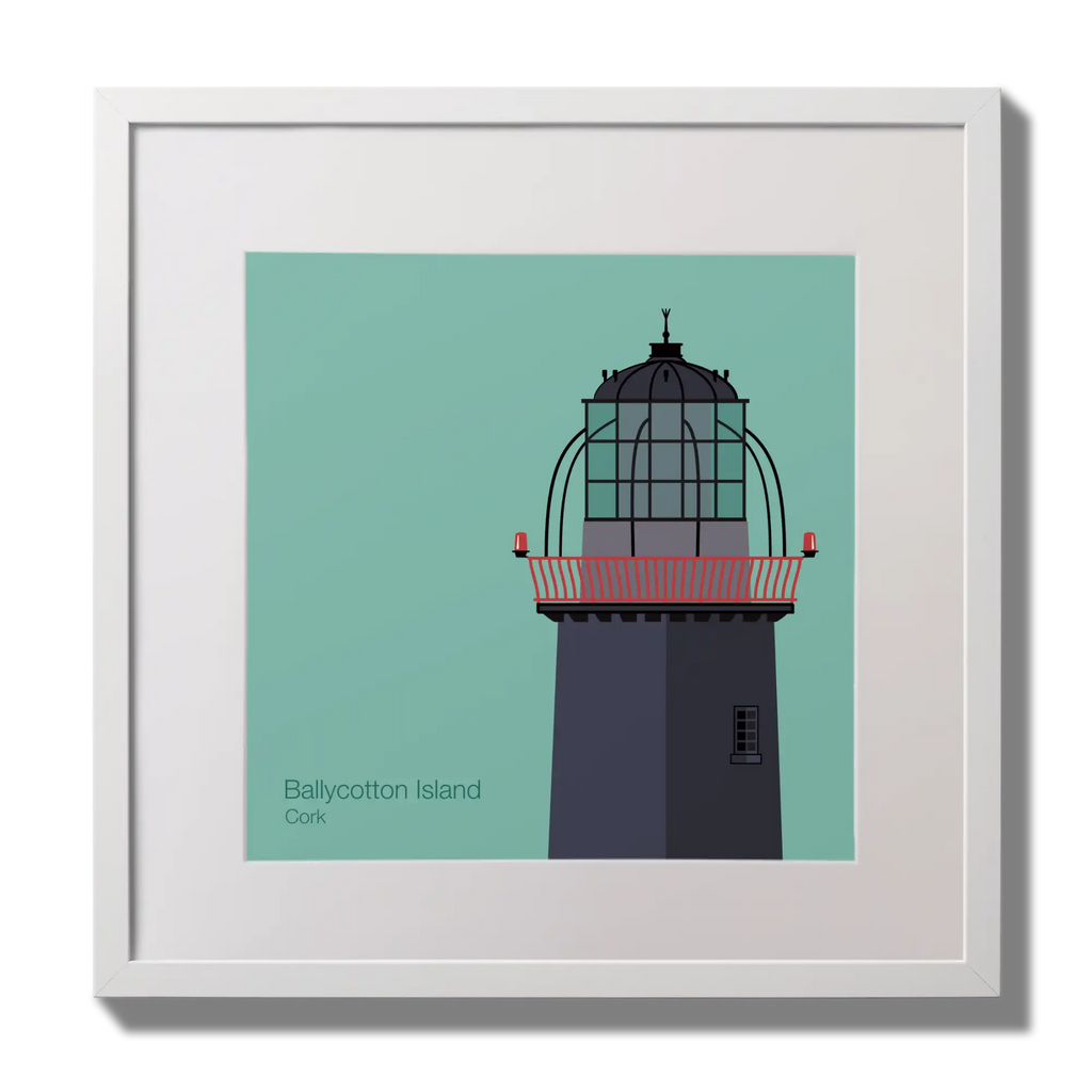 Illustration of Ballycotton lighthouse on an ocean green background,  in a white square frame measuring 30x30cm.