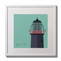 Illustration of Ballycotton lighthouse on an ocean green background,  in a white square frame measuring 30x30cm.