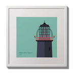 Illustration of Ballycotton lighthouse on an ocean green background,  in a white square frame measuring 30x30cm.