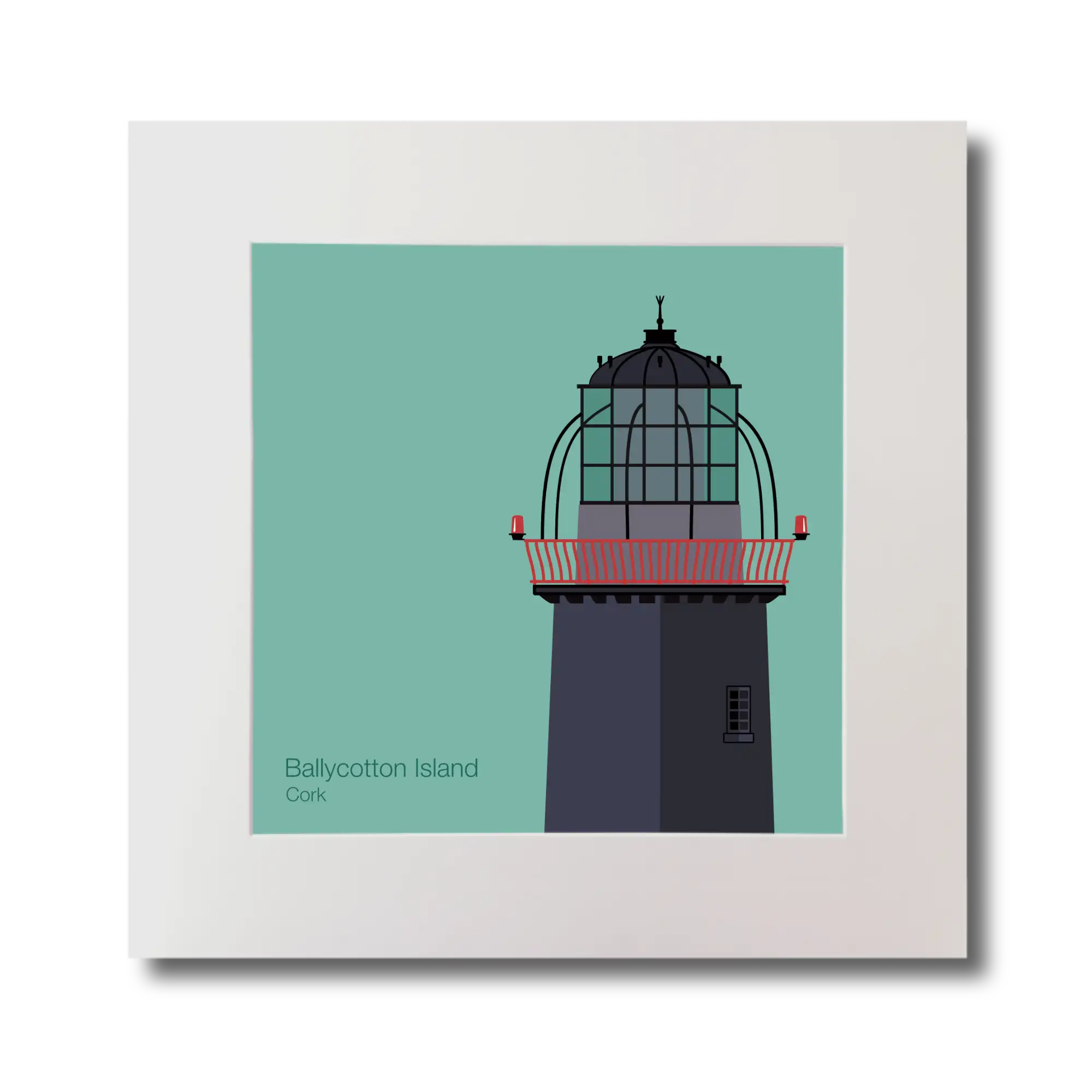 Illustration of Ballycotton lighthouse on an ocean green background, mounted and measuring 30x30cm.