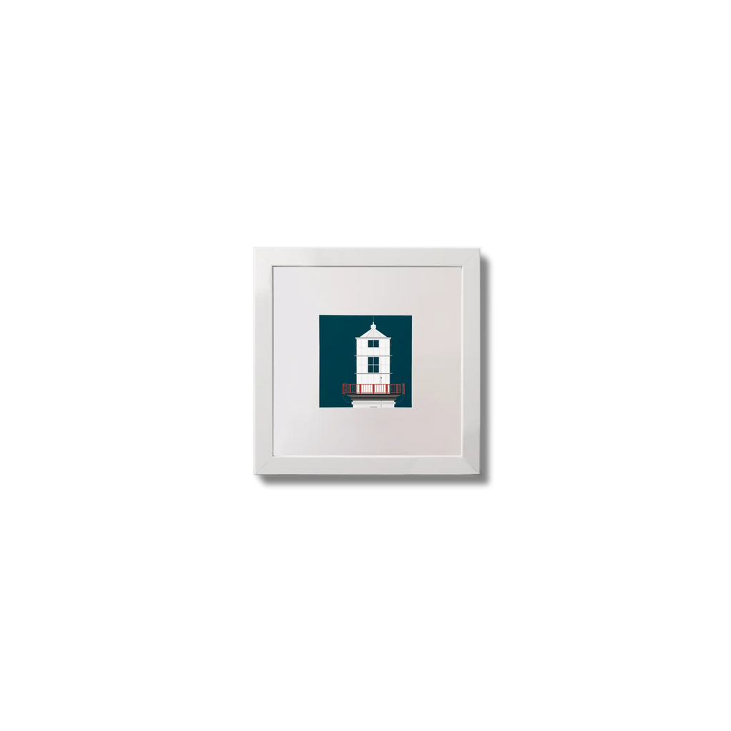 Illustration of Galley Head lighthouse on a midnight blue background,  in a white square frame measuring 10x10cm.