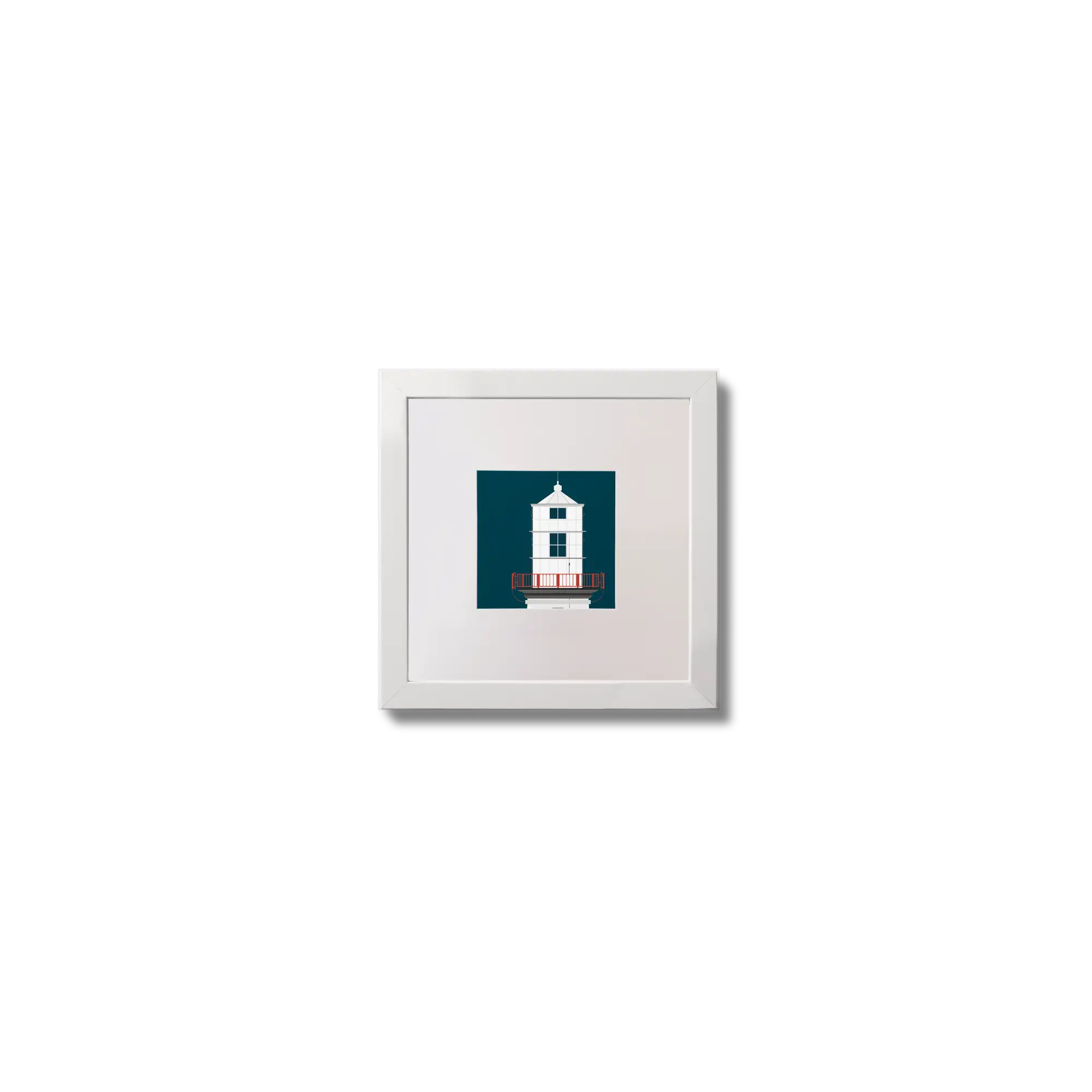 Illustration of Galley Head lighthouse on a midnight blue background,  in a white square frame measuring 10x10cm.
