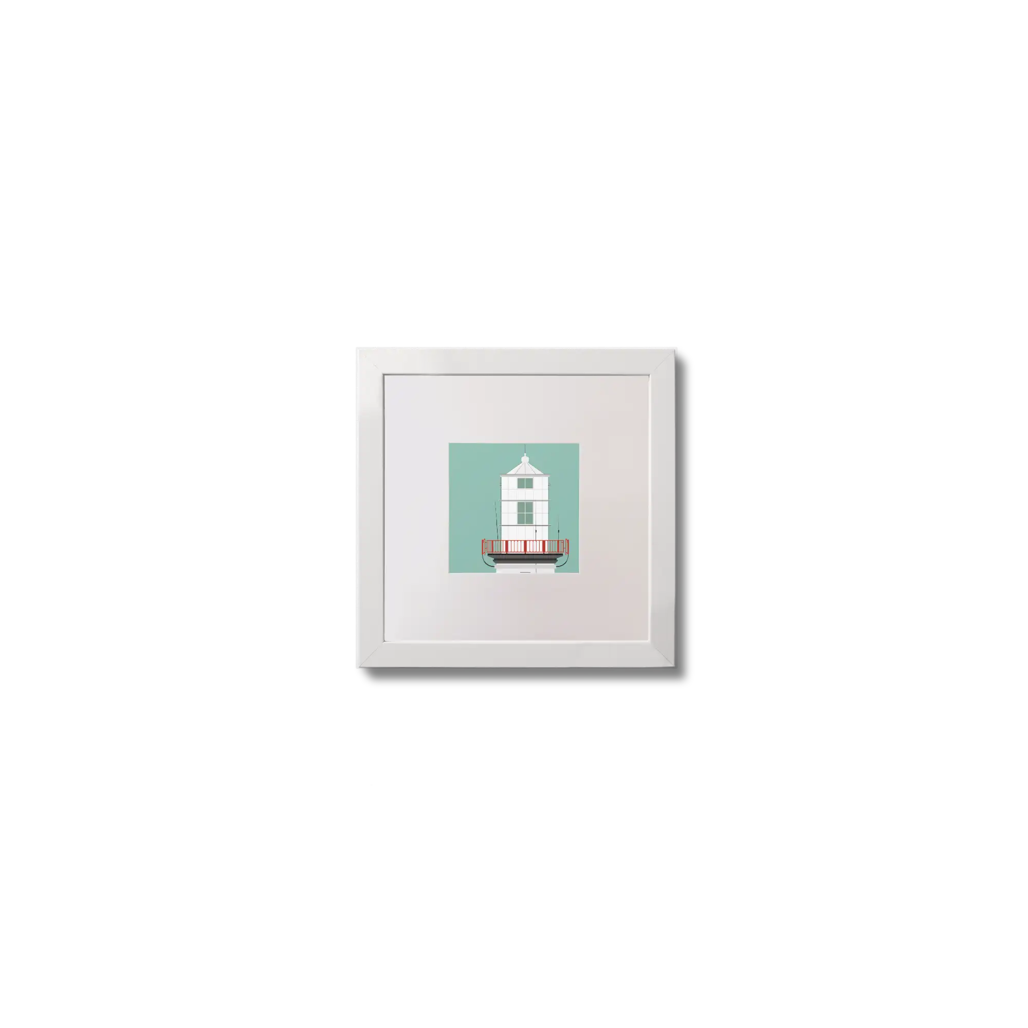 Illustration of Galley Head lighthouse on an ocean green background,  in a white square frame measuring 10x10cm.