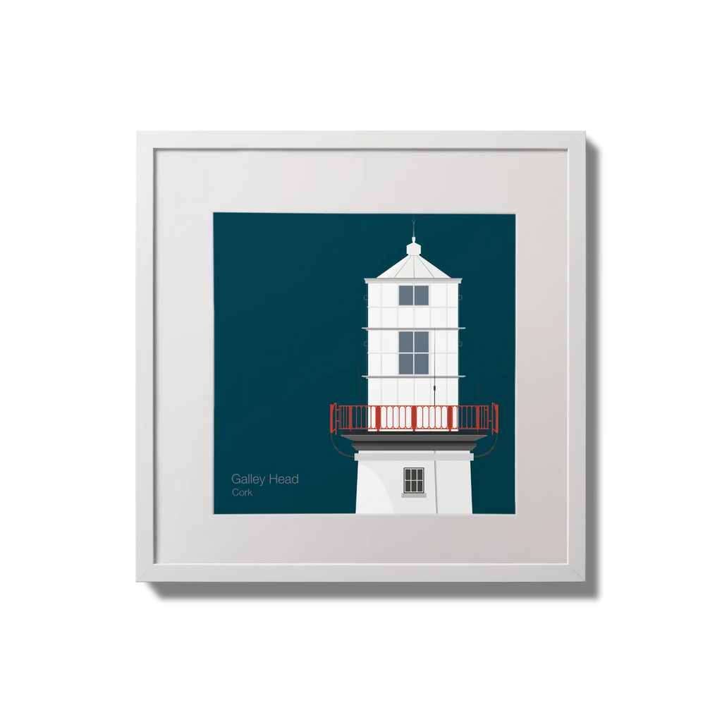 Illustration of Galley Head lighthouse on a midnight blue background,  in a white square frame measuring 20x20cm.