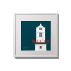 Illustration of Galley Head lighthouse on a midnight blue background,  in a white square frame measuring 20x20cm.