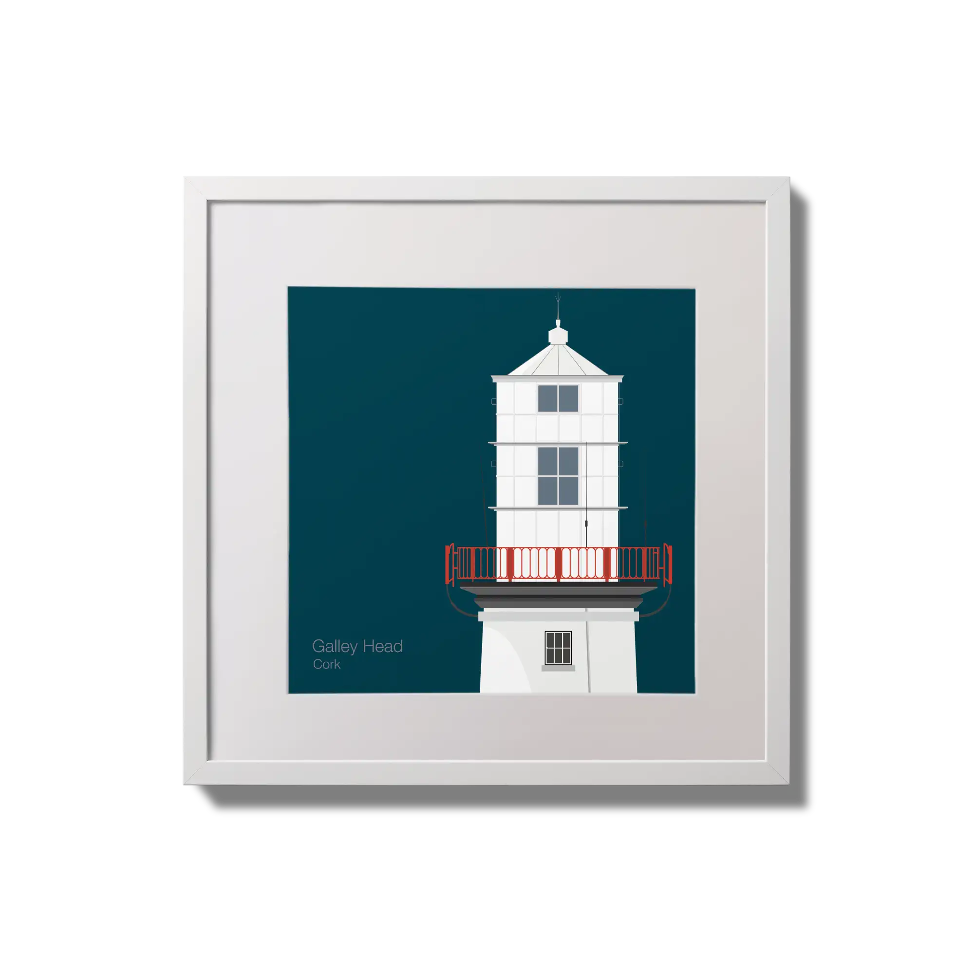 Illustration of Galley Head lighthouse on a midnight blue background,  in a white square frame measuring 20x20cm.