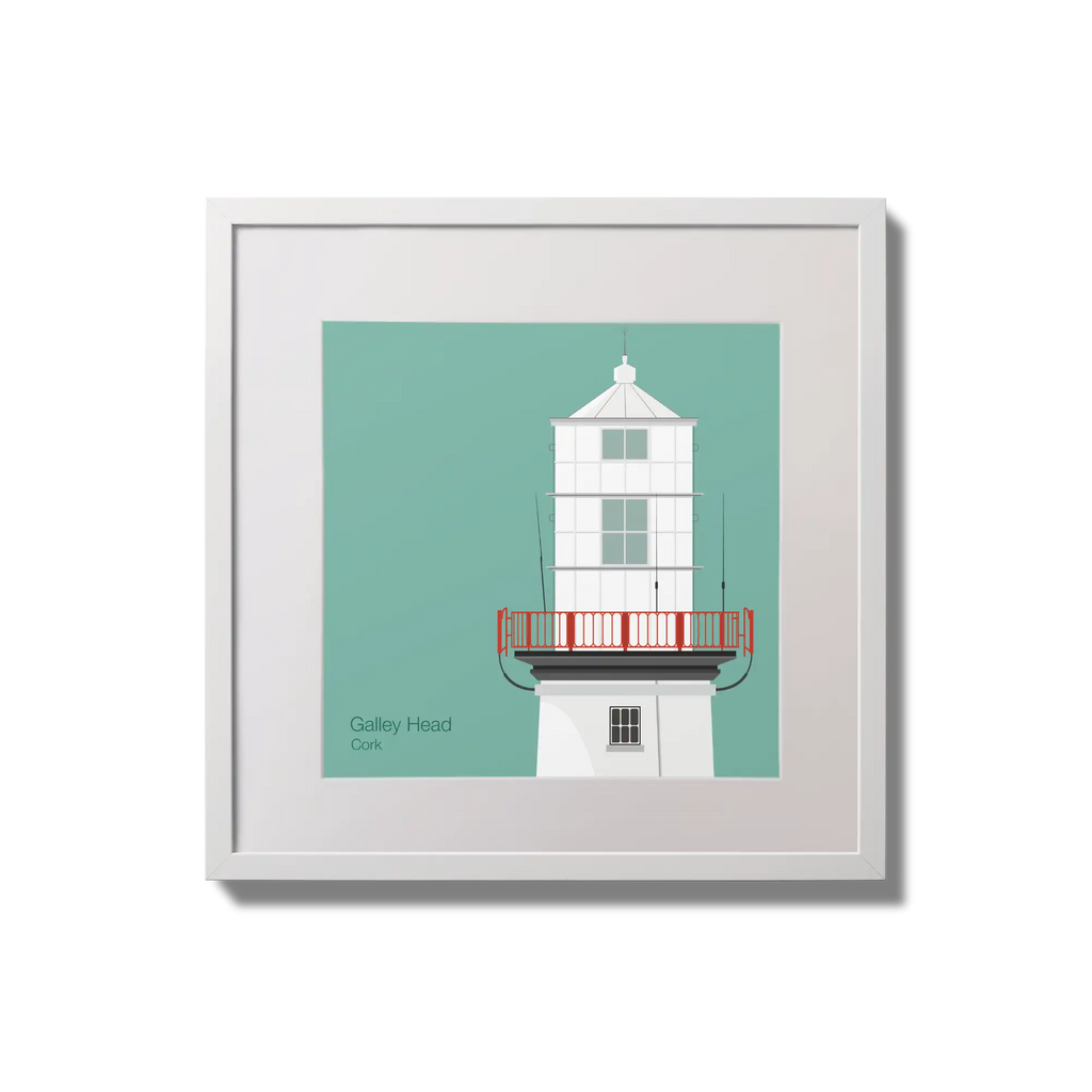 Illustration of Galley Head lighthouse on an ocean green background,  in a white square frame measuring 20x20cm.