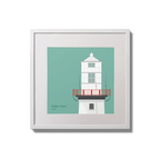 Illustration of Galley Head lighthouse on an ocean green background,  in a white square frame measuring 20x20cm.