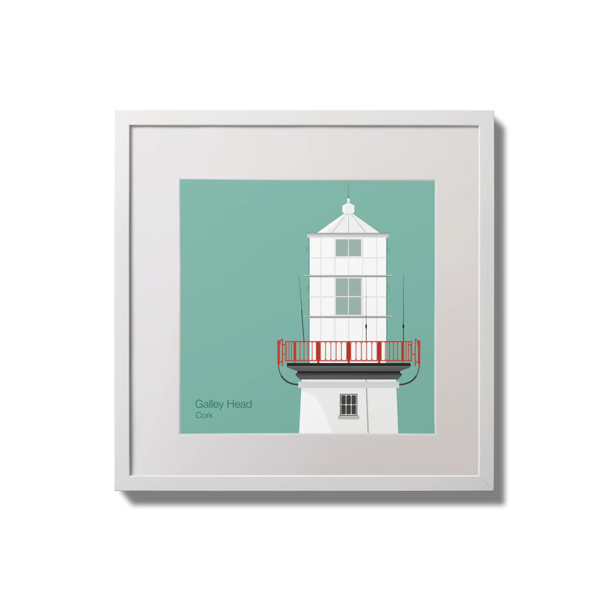 Illustration of Galley Head lighthouse on an ocean green background,  in a white square frame measuring 20x20cm.