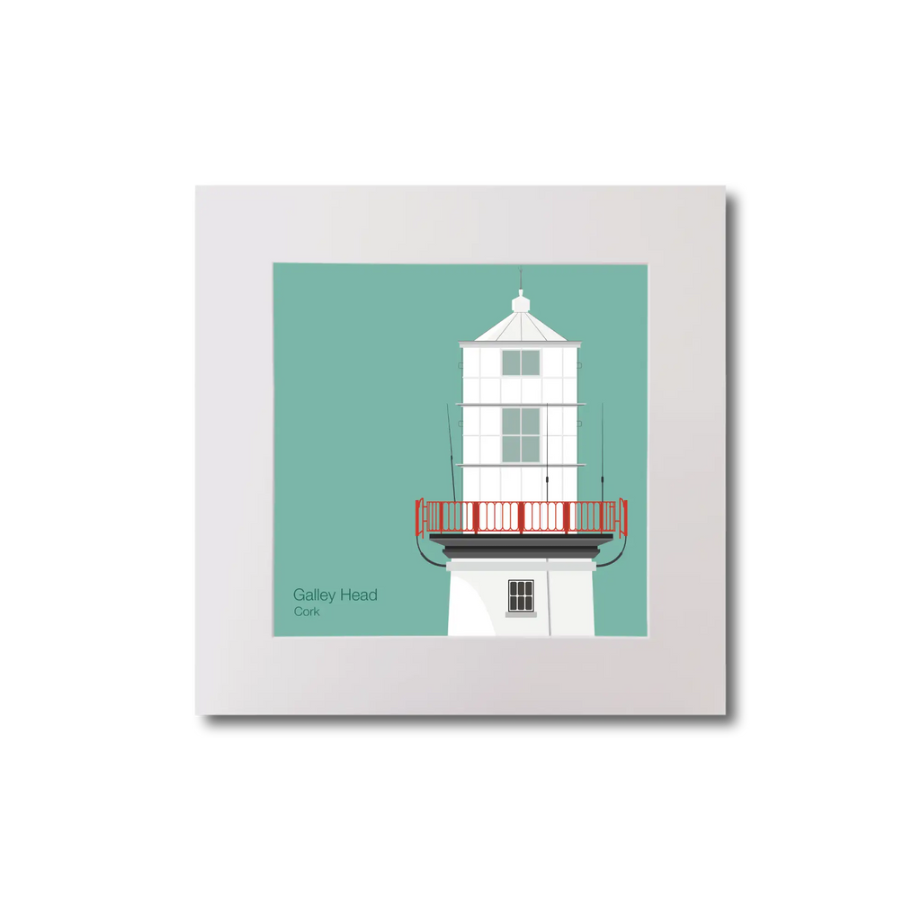 Illustration of Galley Head lighthouse on an ocean green background, mounted and measuring 20x20cm.