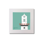 Illustration of Galley Head lighthouse on an ocean green background, mounted and measuring 20x20cm.