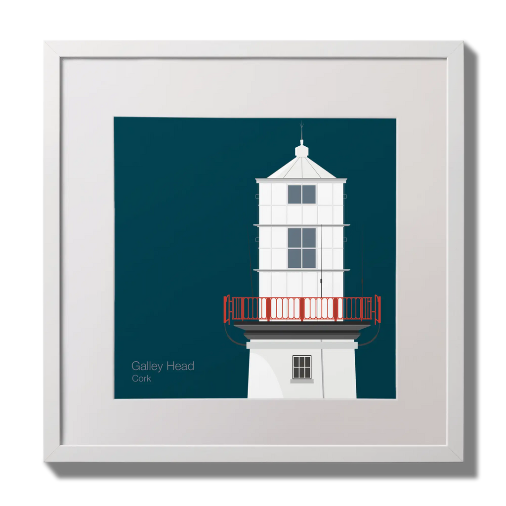 Illustration of Galley Head lighthouse on a midnight blue background,  in a white square frame measuring 30x30cm.