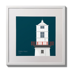 Illustration of Galley Head lighthouse on a midnight blue background,  in a white square frame measuring 30x30cm.