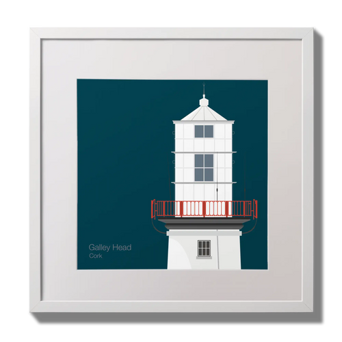 Illustration of Galley Head lighthouse on a midnight blue background,  in a white square frame measuring 30x30cm.