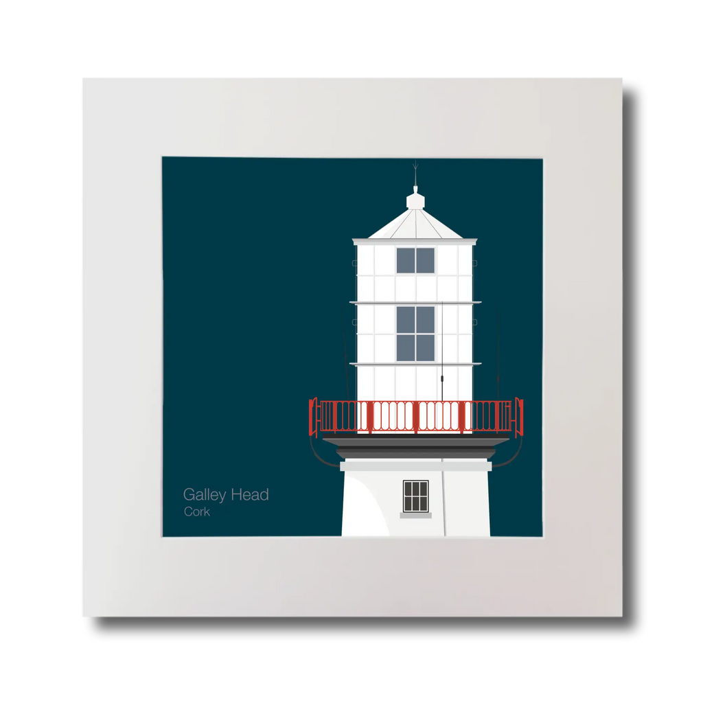 Illustration of Galley Head lighthouse on a midnight blue background, mounted and measuring 30x30cm.