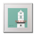 Illustration of Galley Head lighthouse on an ocean green background,  in a white square frame measuring 30x30cm.