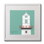 Illustration of Galley Head lighthouse on an ocean green background,  in a white square frame measuring 30x30cm.