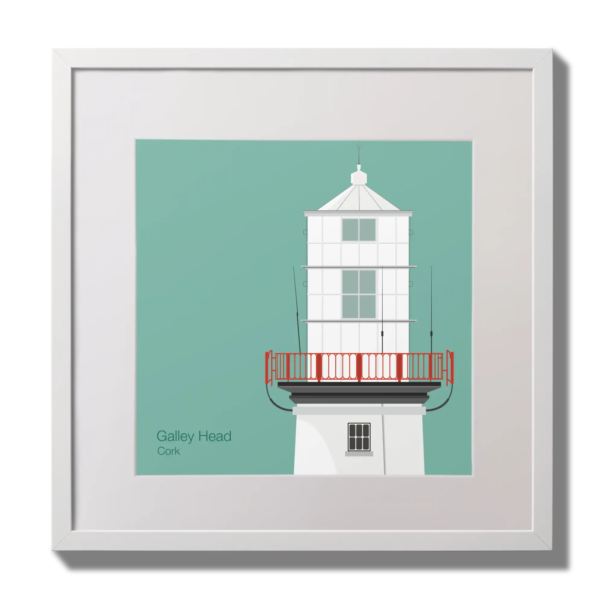 Illustration of Galley Head lighthouse on an ocean green background,  in a white square frame measuring 30x30cm.